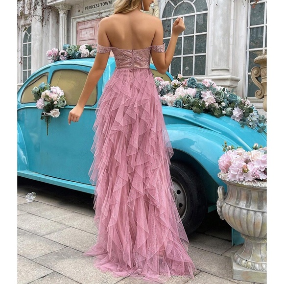 Luxe Pink Floral lace Off Shoulder Tulle Party Wedding Prom Dress - Picture 3 of 5